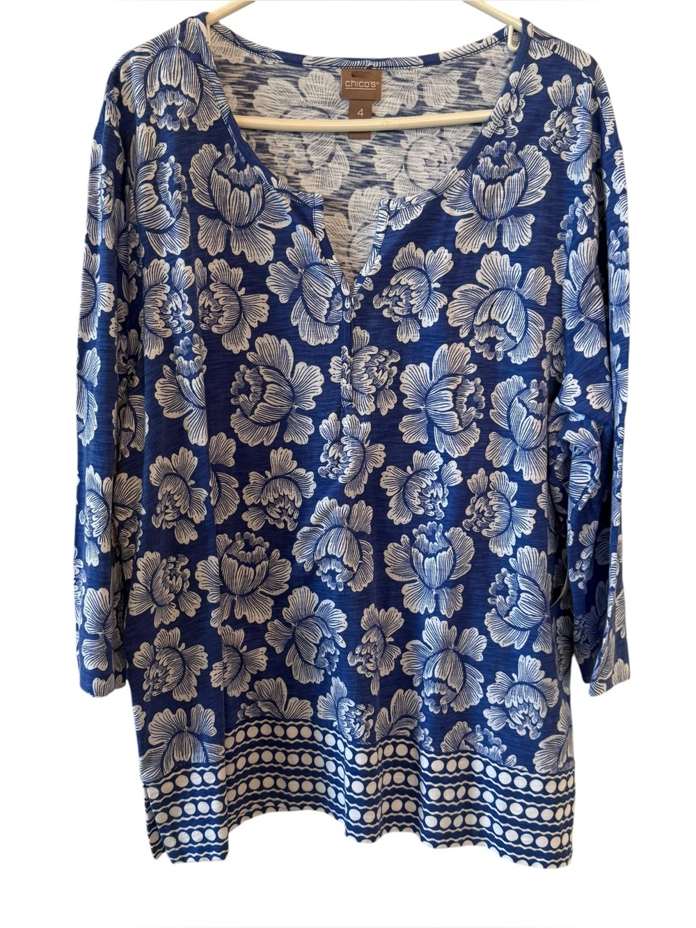 Chicos Blue & White Notched Neck 3/4 Slv Knit Tunic Top sz 4 2XL New! Cotton